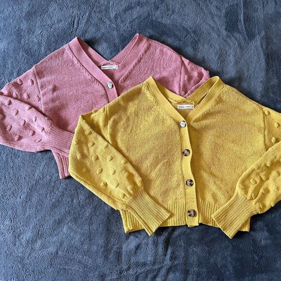 Pink or Yellow Cropped Dot Sleeve Button Up Cardigan Sweater Women's Small - Picture 2 of 11
